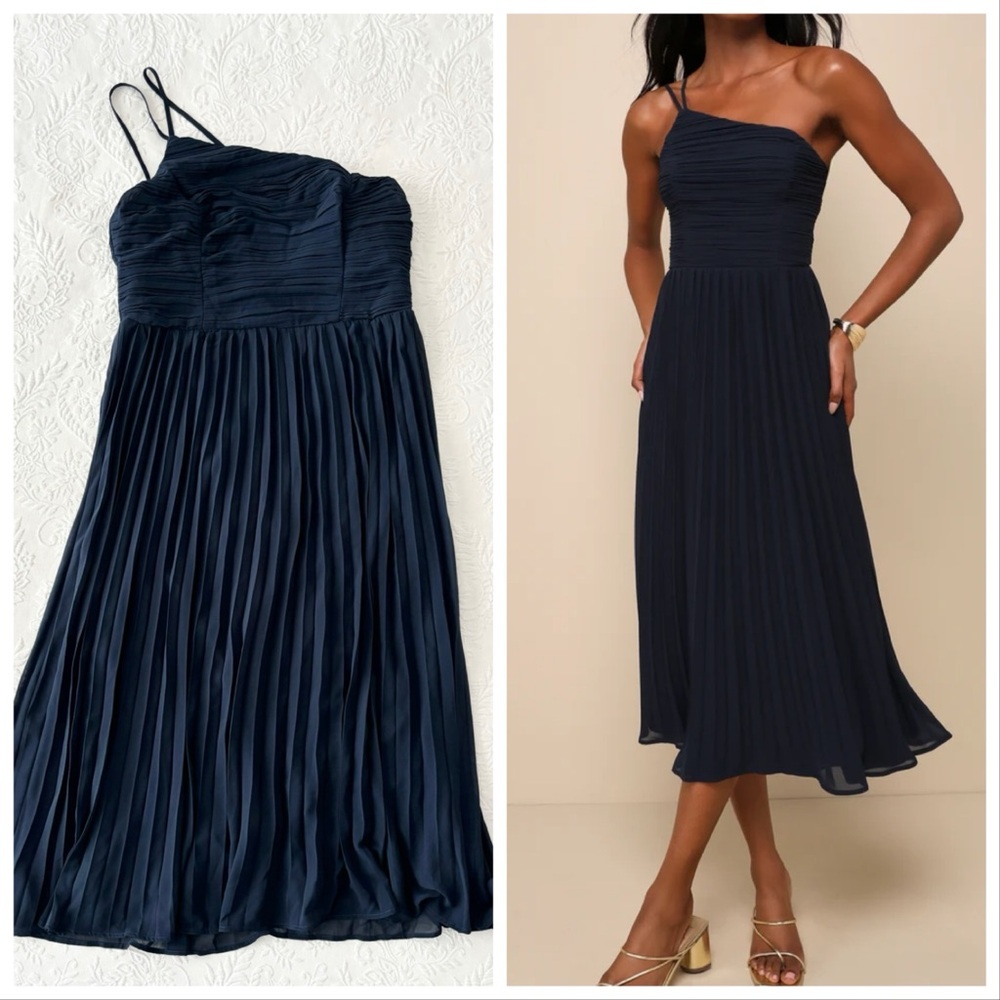 NWOT Lulus Wondrous Muse Navy Blue Pleated One-Shoulder Midi Dress XLarge